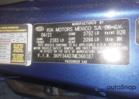 2021 Kia Forte Gt-Line from USA, damaged, VIN 3KPF34AD7ME366187